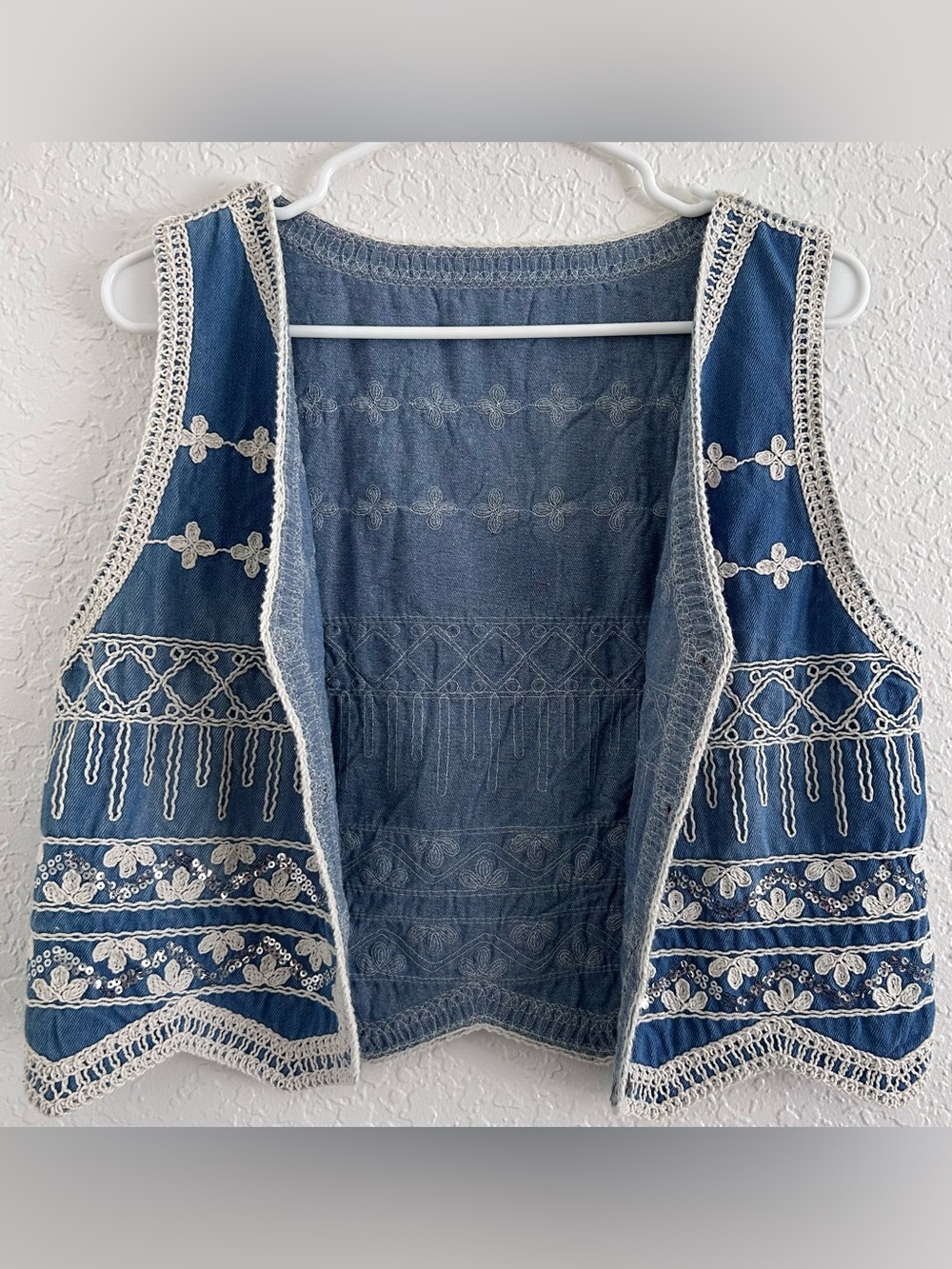 Blue Embroidered Denim Vest with Cream Lace Accents